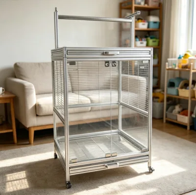Anti-Crack Tempered-Glass Parrot Cage 2020 Aluminum Alloy Frame With Removable Waste Tray