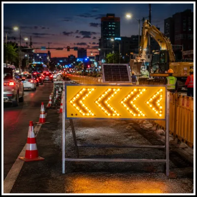 Solar Powered LED Chevron Arrow Sign Road Traffic Warning Board with High Brightness Lights and Galvanized Steel Support Frame