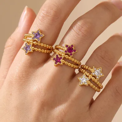 New Gold Plated Double Layered Star Stainless Steel Adjustable Open Zircon Ring for Women Fashion Fine Jewelry