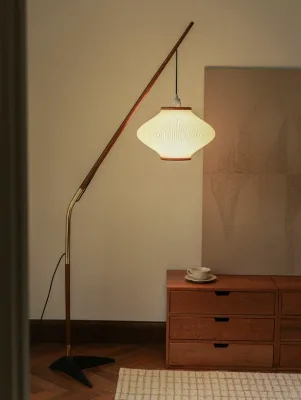 Japanese Wabi-Sabi Style Pine Bell Floor Lamp with Copper & Acrylic LED Vintage Design for Living Room Bedroom Sofa