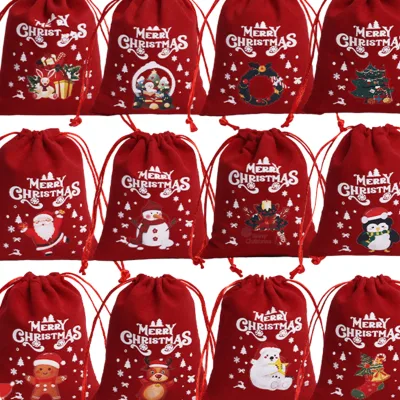 Christmas Velvet Drawstring Gift Bags, Xmas Printed Sacks, Small Candy Treat Pouch for Holiday Party Favors Stocking Decor