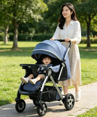 JXB One-Click Fold Easy Carry Folding Warming Baby Vehicle Sit and Lie Linen Fabric Baby Cart