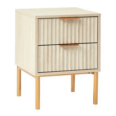 Modern Wood Grain Nightstand 2 Drawer Bedside Table Gold Metal Legs Bedroom Furniture