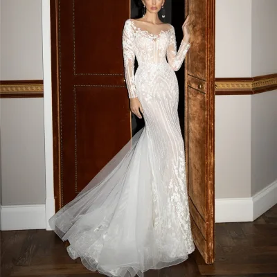 Beaded Satin Muslim Wedding Dress High Neck Long Sleeves Hijab Bridal Gown Arab Muslim Wedding Dress Wedding Gown