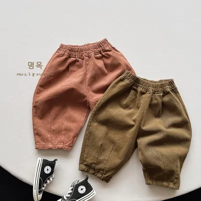 Autumn Thick Snow Velvet Pants for Boys and Girls Loose Wide Leg Korean Radish Pants Washed Techniques for Children