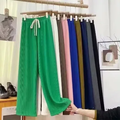 I-0288 Drawstring Loose Long Rib Knitted Trousers Women Summer High Stretch Waist Wide Leg Pants