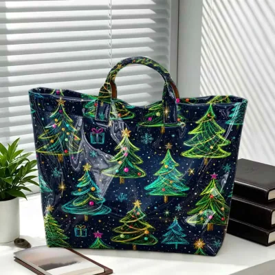 Winter Party Xmas Tree Elk Design PVC Waterproof Shopping Tote Bags Gifts for Girls Large Capacity Christmas Handbag Totes
