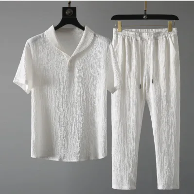 Summer Men 2 Piece Suits Short Sleeve Tops + Long Pants Solid Color Polo Lapel Collar Button Elastic Waist Trousers Tracksuit