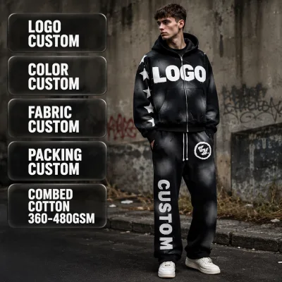 Custom Black 400GSM Cotton Fleece Oversized Zip Hoodie Wide Leg Splatter Star Logo Print Jogger Men Streetwear Tracksuit Set