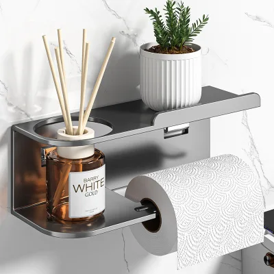 Wholesale Wall Mounted Metal Toilet Paper Holder with Double Tier Storage Shelf for Cleaning Tools