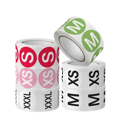 Factory Wholesale Cartoon Clothing Size Labels Stickers for Shoes Caps Coated Paper Circular Labels Strong Adhesive