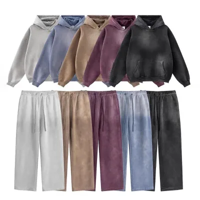 High Quality Custom Mens Vintage Washed 100% Cotton Pullover Hoodie Sweatpants Tracksuit Streetwear Autumn Heavyweight