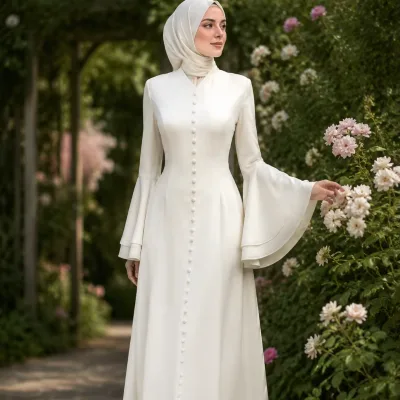 YSU037 Elegant Casual Maxi Dress Islamic Clothing with Button New Fitted V-Neck Custom Flared Sleeve Dress for Muslim Women