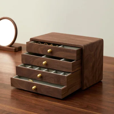 Modern Durable Wooden Jewelry Box 4 Drawers Multi-Layer Storage Organizer Rings Earrings Necklaces Dresser Nightstand Gift for
