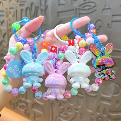 3D Cute Kawaii Colorful Rabbit Acrylic Bag Car Key Chain Gorgeous Bead Bracelet and Wrist Strap Mini Bunny Mouse Animal Keychain