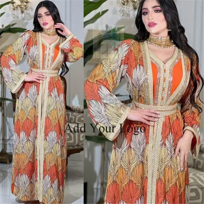 Elegant Orange Women's Dresses Muslims Abaya Women Muslim Dress 2023 Dubai Egypt