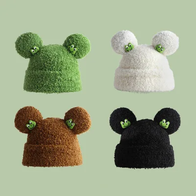 Designer Frog Lamb Plush Pullover Winter Warm Beanie With Acrylic Pompom Printing Pattern for Daily Use Common