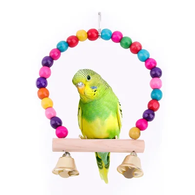Eco-Friendly Natural Wooden Bird Swing Toy with Colorful Beads and Bells Wholesale Hanging Perch Cage Carton Packed