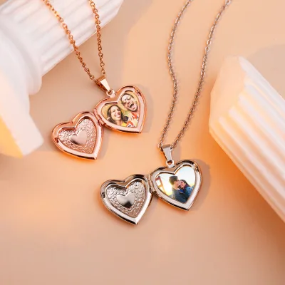 Fashion Photo Heart-shaped Necklace with Frame Stainless Steel Pendant Heart-shaped Medal Women's Necklace