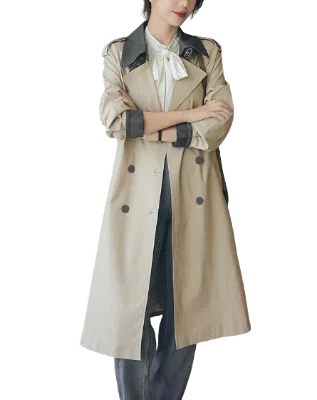 Customized Temperament Lady Apricot Color Barge Collar Splicing Lace-up Double-breasted Open Women's Trench Coat Jacket