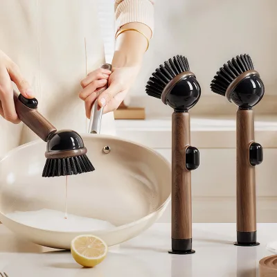 Suction Cup Stand-Up Liquid Pot Brush Kitchen Long Handle Non-Scratch Dish Cleaning Brush Manual Eco-Friendly Household
