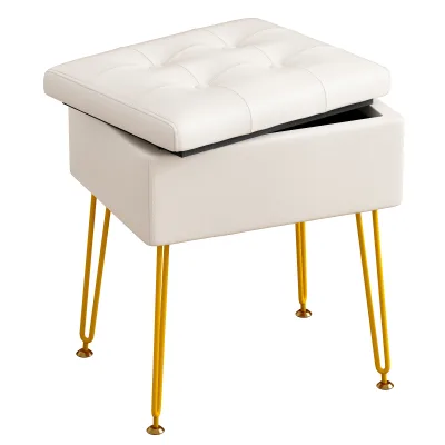 Modern Style Leather Vanity Chair with Storage Soft Wooden Stool Ottoman for Kitchen Living Room Bathroom Bedroom Home Office