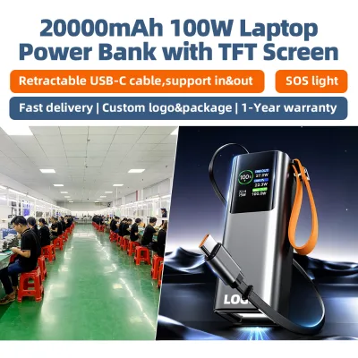 High Capacity 100W 20000mAh Power Banks Built-in Extension Type-C Cable Power Bank TFT Color Screen Fast Charging Powerbank