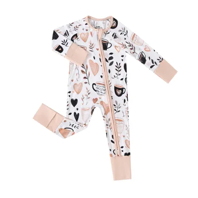 Ready to Ship Baby Zipper Romper Cute Coffee Heart Print Long Sleeve Pajamas InStock Quick Dispatch for Infants
