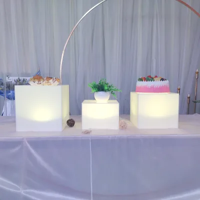 Acrylic Square Remote Control Color Changing LED Cube Light Cake Stand for Table Centerpiece Buffet Food Catering Display Rack