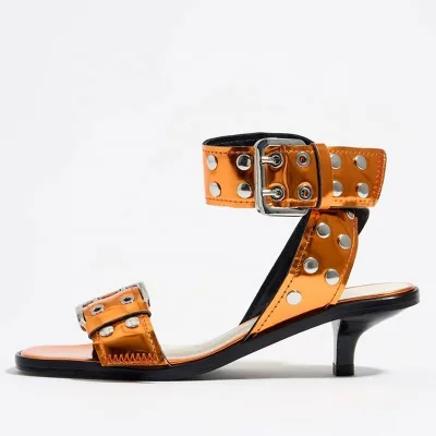 New Square Open Toe Belt Buckles Summer Shoes Women 5cm Short Heels Sandals Metal Studs Sling Band Pumps