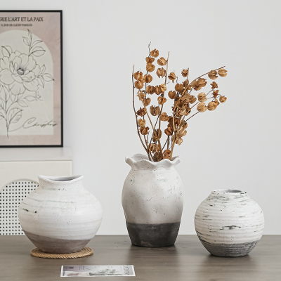 Hot Selling Rustic Handmade Pottery Large Ceramic Modern Vase Water Jar Cream Stone Ceramic Vase for Home Art Decor