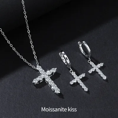 S925 Silver Moissanite Jewelry Set Fashion Cross Micro Inlaid Moissanite Necklace Earrings Women's Wedding Party Jewelry