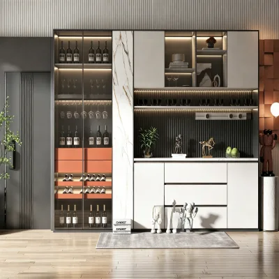 BALOM High End Modern Built in Wine and Tea Cabinet Tempered Glass Display Shelf Ambient Light Whole House Custom Bar Cabinet