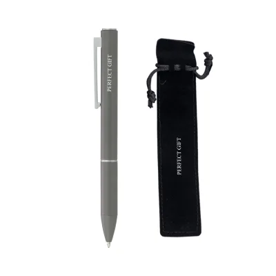 Logo Custom Advertising Gift Ball Point Pen Wholesale Luxury Metal Office Grey Ballpoint Pen With Pouch