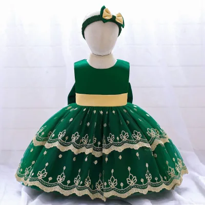 Girls' Embroidered Bow Evening Dress Formal Solid Pattern for Birthday Parties for Infants and Toddlers Aged One Year