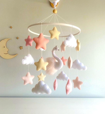 Swan Baby Mobile Pastel Stars Clouds Nursery Decor for Baby Girls Hanging Mobile Mom Gift Baby shower gift