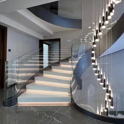Modern Curved Stainless Steel Staircase with Glass Railing and LED Step Lighting for Apartment Outdoor Use