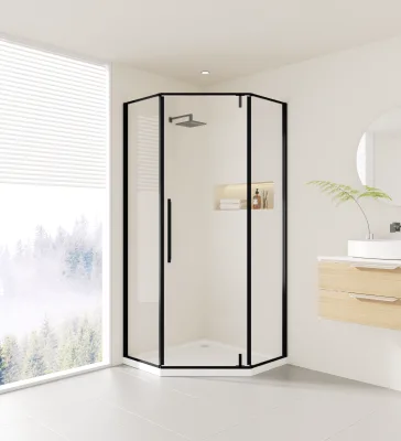 Diamond Shape Hinged Shower Enclosure Matte Black Aluminum Frame Tempered Glass Corner Shower Cabin