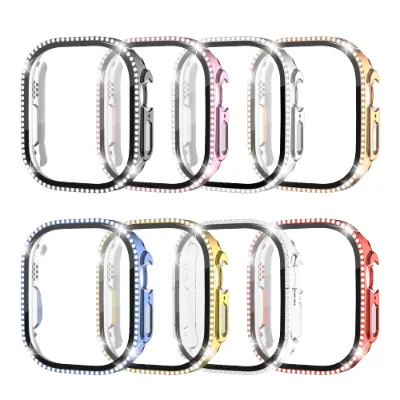 Diamond PC Electroplate Protective Case for Apple Watch S8 S10 41mm 49mm 40mm 44mm 42mm 46mm Ultra Bling Tempered Glass Bumper
