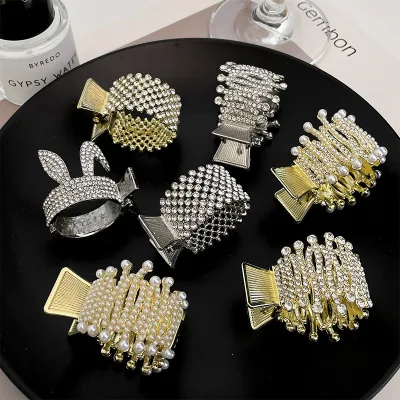 Ponytail Holder Pearl Metal Crystal Diamond Rhinestone Hair Claw Crown Hair Clip for Women Girls
