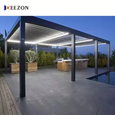 China-Made Aluminum Pergola Canopy Outdoor Waterproof Metal Slats with Light Bar Pavilion
