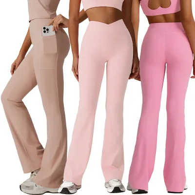 Sm2526 Crossover High Waist Tummy Control Tight Slim Fit Soft Quick Dry Stretchy Dance Sport Casual Hip Lift Flared Legging