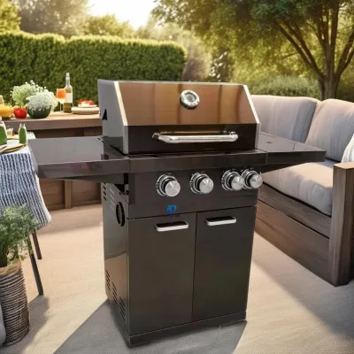 430 Black Stainless Steel Gas BBQ Grill With Rotisserie Chicken Fork Trolley Outdoor Kitchen LPG Gas Stove Smoker Cabinet