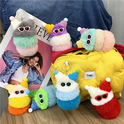 Cute Caterpillars Keychain Bag Ornaments Keyring Car Trinket Key Cartoon Carpenterworm Plush Doll Hanging Accessories