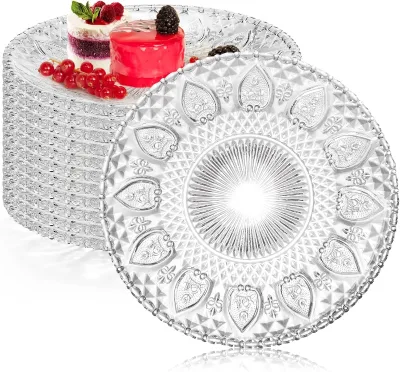 Glass Dessert Plates Glass Plate Set for Appetizer, Vintage Embossed Dinnerware for Pasta Salad Home Wedding Decor Glass Plate