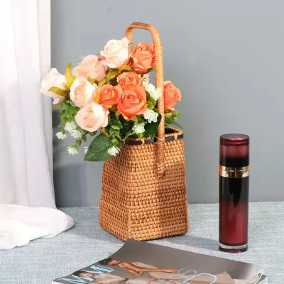 Small Natural Rattan Tall Handle Wall Decor Hanging Rattan Woven Artificial Flower Baskets