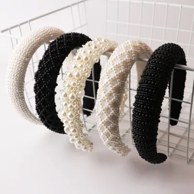 Korean Fashion Luxury Pearl Hair Bands Head Band Elegant White Black Rhinestone Crystal Round Beaded Headband for Women Headwear