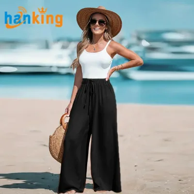 Ehanking Women's Wide-leg Pants Female Comfortable Breathable High Waist Drawstring Loose Wide Leg Pants
