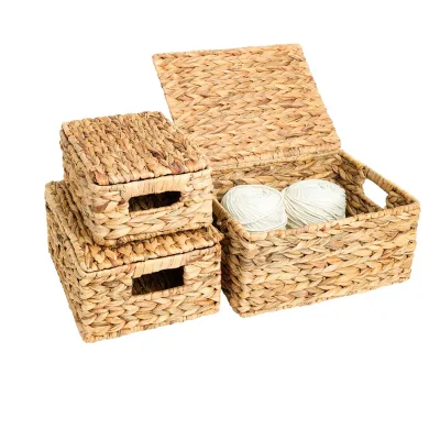 Handmade Eco-friendly Water Hyacinth Storage Basket Wicker Lidded Laundry Baskets Home Decor Rattan Desk Storage Bin