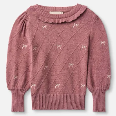 Custom Bow Print Embroidery Knit Sweater for Kids Girls Puffy Sleeve Plus Size Cotton Winter Pink